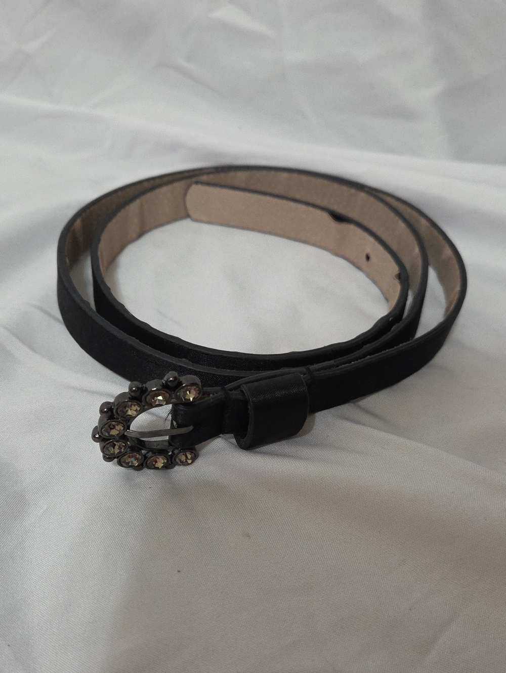 Black Satin Slim Belt Rhinestone Studded Oval Buckle, Size 34-38, Good Condition